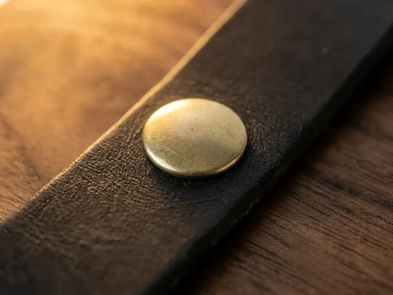 Close-up of a solid brass snap on a thick leather strap