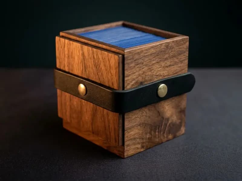The Heirloom Vault in walnut with latigo leather strap and solid brass snap, holding a double-sleeved Commander deck