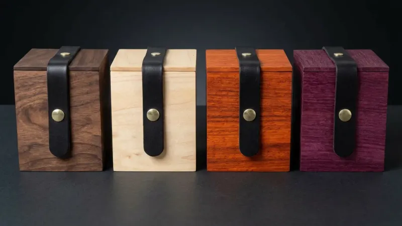 Wooden deck boxes in walnut, maple, padauk, and purpleheart