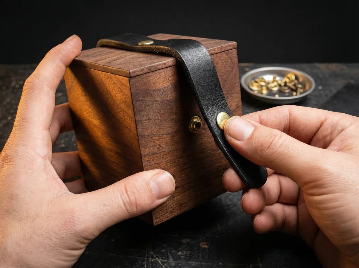 Fitting latigo leather strap and brass hardware on handcrafted wood deck box for MTG