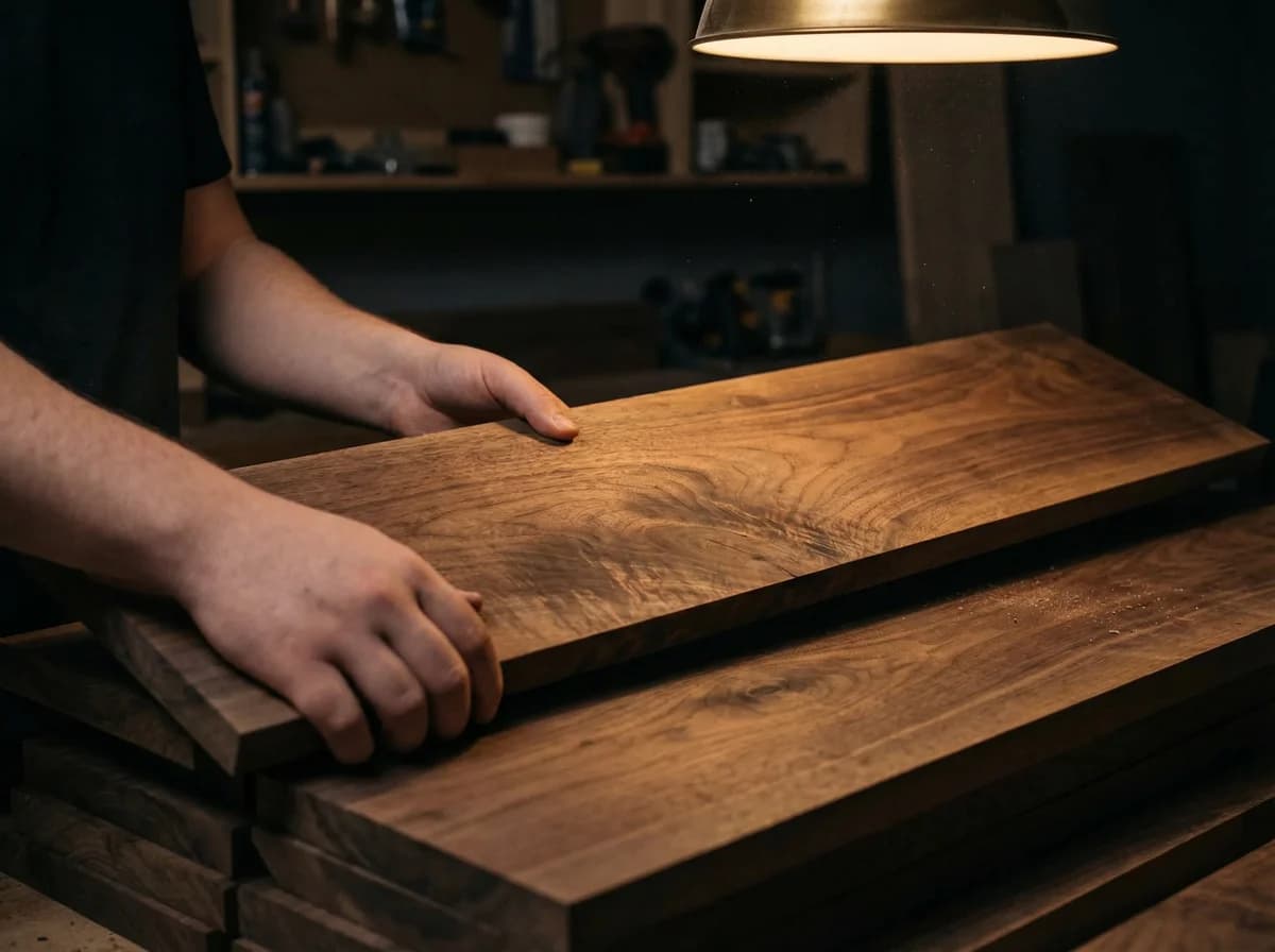 Hand-selecting walnut hardwood for a custom wooden deck box, grain pattern detail