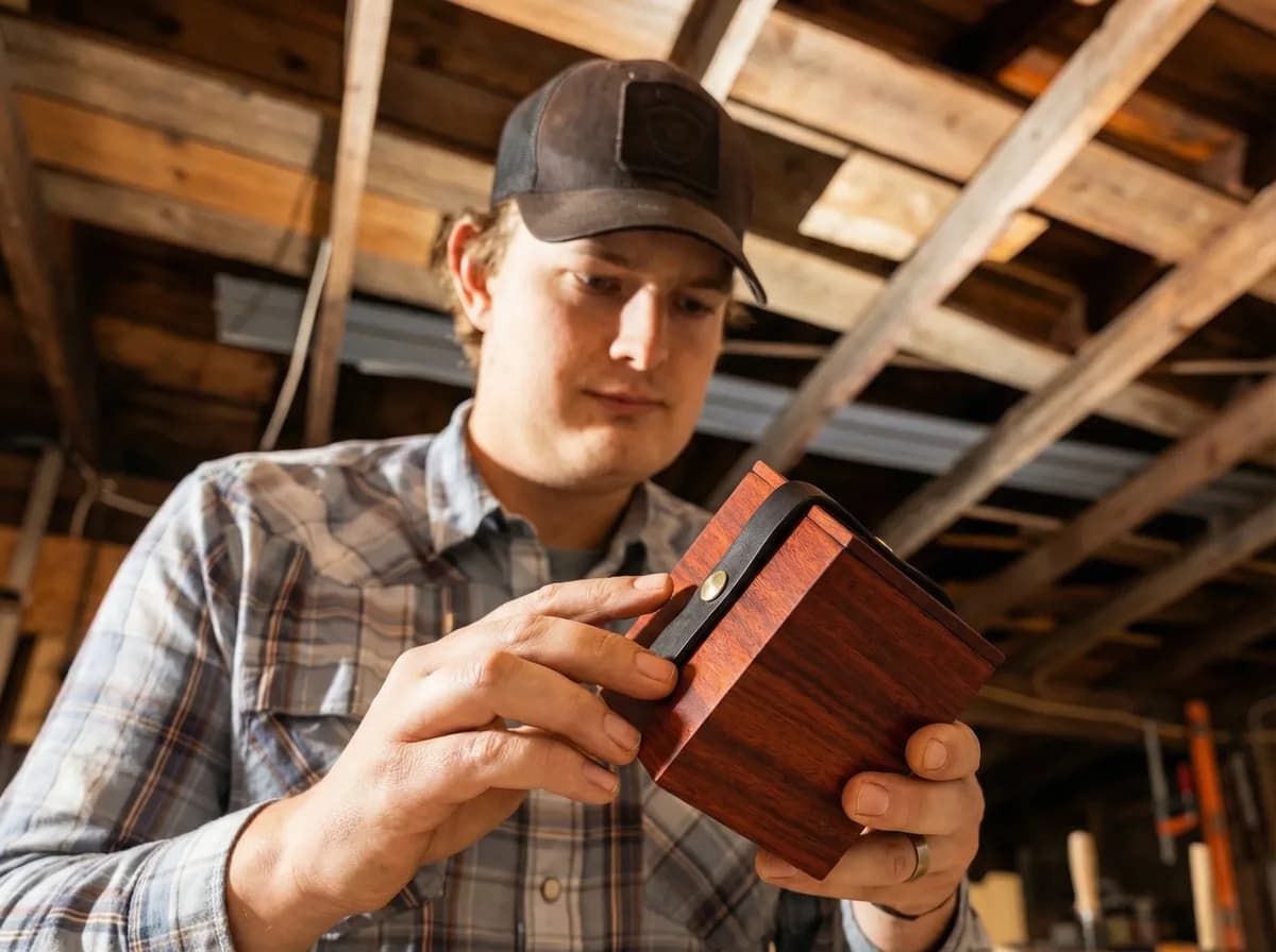 Shane in the wood shop holding one of his deck boxes